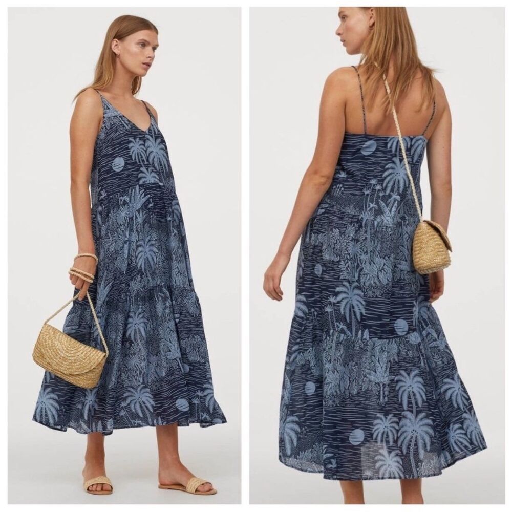 H&M x Desmond & Dempsey Printed Maxi Dress Blue XXS